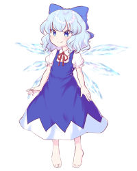 Rule 34 | 1girl, barefoot, blue bow, blue dress, blue eyes, blue hair, blush, bow, cirno, closed mouth, collared shirt, detached wings, dress, fairy, full body, hair between eyes, hair bow, highres, ice, ice wings, puffy short sleeves, puffy sleeves, rue 0908, shirt, short hair, short sleeves, simple background, smile, solo, touhou, white background, white shirt, wings