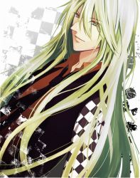 Rule 34 | 1boy, amnesia (idea factory), bad id, bad pixiv id, black necktie, checkered background, closed mouth, green eyes, green hair, long hair, looking away, male focus, necktie, orange shirt, pixiv id 3603071, shirt, smile, solo, ukyou (amnesia)