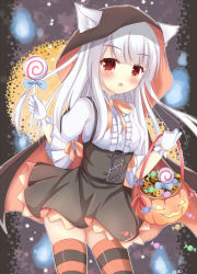 Rule 34 | 1girl, animal ears, azur lane, candy, cat ears, commentary request, erebus (azur lane), food, halloween, holding, hood, kedama (kedama akaza), lollipop, looking at viewer, parted lips, red eyes, solo, striped clothes, striped thighhighs, thighhighs, white hair, zettai ryouiki
