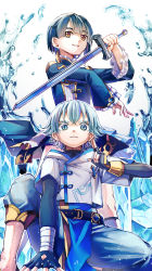 Rule 34 | 2boys, aqua hair, asymmetrical bangs, belt, black belt, blue eyes, blue hair, child, chinese clothes, chongyun (genshin impact), commentary request, earrings, frilled sleeves, frills, genshin impact, gloves, hair between eyes, highres, holding, holding sword, holding weapon, jewelry, long sleeves, looking at viewer, male focus, multiple boys, open mouth, pants, short hair, simple background, single earring, sword, tabi (s t k n 1), tassel, tassel earrings, weapon, white pants, xingqiu (genshin impact), yellow eyes