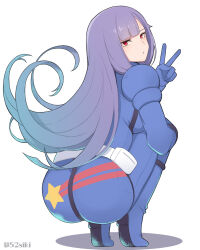 1girl ass belt blush bodysuit boots breasts earrings gundam gundam_zz highres jewelry konishiki_(52siki) long_hair looking_at_viewer looking_back mecha_pilot_suit medium_breasts open_mouth pouch purple_hair red_eyes roux_louka simple_background smile solo squatting star_(symbol) star_print twitter_username white_background