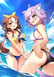 Rule 34 | 2girls, animal ear fluff, animal ears, ass, bikini, blush, breasts, brown eyes, brown hair, brown tail, cat ears, cat girl, cat tail, dog ears, dog girl, dog tail, hair ribbon, highres, holding hands, hololive, inugami korone, lens flare, long hair, medium breasts, medium hair, multiple girls, nekomata okayu, ocean, one eye closed, open mouth, outdoors, purple eyes, purple hair, purple tail, ribbon, side-tie bikini bottom, sideways mouth, smile, swimsuit, tail, takumin dx, virtual youtuber, wading, water, wispy bangs