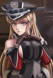 Rule 34 | 10s, 1girl, arm warmers, artist name, bare shoulders, bismarck (kancolle), black hat, blonde hair, blue eyes, breasts, breasts squeezed together, brown gloves, closed mouth, covered erect nipples, gloves, hat, highres, jewelry, kantai collection, large breasts, light smile, long hair, looking at viewer, military, military uniform, novcel, peaked cap, pocket, ring, sideboob, solo, swastika, uniform, upper body, very long hair, wedding band