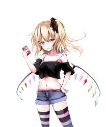 Rule 34 | 1girl, :o, armpits, bare shoulders, belt, black scrunchie, black shirt, black thighhighs, blonde hair, blue shorts, blush, bra, bra strap, breasts, cellphone, collarbone, commentary request, crop top, crystal, flandre scarlet, floating hair, frown, hair between eyes, hair ornament, hair scrunchie, hand on own hip, hand up, highres, holding, holding phone, kuromiko shoujo, legs apart, long hair, looking at viewer, midriff, navel, off-shoulder shirt, off shoulder, one side up, open mouth, phone, red bra, red eyes, scrunchie, shirt, short shorts, short sleeves, shorts, simple background, solo, standing, stomach, strap slip, striped clothes, striped thighhighs, thighhighs, touhou, underwear, v-shaped eyebrows, white background, wings