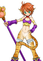 Rule 34 | 1girl, animal ears, artist request, bad id, bad pixiv id, blush, breasts, breath of fire, breath of fire ii, cat ears, cat tail, facial mark, furry, furry female, gloves, green eyes, looking at viewer, no panties, no pants, orange hair, pointy ears, red hair, rinpoo chuan, short hair, simple background, solo, source request, staff, tail, white background