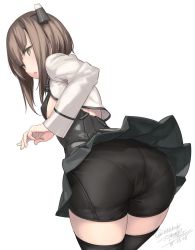 Rule 34 | 1girl, artist name, ass, black shorts, black skirt, black thighhighs, breasts, brown eyes, brown hair, dated, from behind, headgear, kantai collection, long sleeves, looking at viewer, looking back, open mouth, pantylines, pleated skirt, rokuwata tomoe, short hair, shorts, simple background, skirt, small breasts, solo, standing, taihou (kancolle), thighhighs, twitter username, white background, wide hips