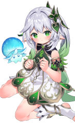 Rule 34 | 1girl, absurdres, asymmetrical hair, bare shoulders, blush, bracelet, cape, closed mouth, commentary request, cross-shaped pupils, detached sleeves, dress, elf, eyelashes, fungi (genshin impact), gem, genshin impact, gold trim, gradient hair, green cape, green eyes, green hair, green sleeves, grey hair, hair between eyes, hair intakes, hair ornament, hands up, highres, jewelry, looking at viewer, multicolored hair, nahida (genshin impact), pointy ears, ponytail, short sleeves, side ponytail, sidelocks, simple background, sitting, sleeveless, sleeveless dress, smile, socks, solo, stirrup legwear, symbol-shaped pupils, toeless legwear, wariza, white background, white dress, white socks, yuujin (yuzinn333)