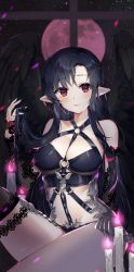 Rule 34 | 1girl, angel wings, arm warmers, asymmetrical bangs, bad id, bad pixiv id, bare shoulders, between breasts, black hair, blurry, bondage outfit, breasts, brown thighhighs, candle, cleavage, collarbone, feathered wings, full moon, groin, halterneck, hand up, highres, holding, holding own hair, knee up, large breasts, long hair, looking at viewer, mabinogi, midriff, moon, o-ring, parted lips, player character (mabinogi), pointy ears, red eyes, revealing clothes, sidelocks, sitting, solo, stomach, strap between breasts, thighhighs, thighs, user uyfr2275, very long hair, wings