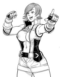 Rule 34 | 1girl, absurdres, bare shoulders, bb (baalbuddy), belt, breasts, clothes lift, elbow pads, fingerless gloves, gloves, highres, jacket, kazama asuka, large breasts, looking at breasts, monochrome, navel, nipples, open clothes, open jacket, open mouth, pointing, pointing at viewer, short hair, simple background, solo, tekken, tekken 5, tomboy, tube top lift, upper body, white background