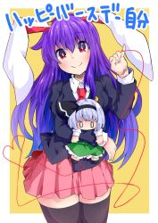 Rule 34 | 1girl, animal ears, black thighhighs, blazer, blush, character doll, cowboy shot, hugging doll, heart, heart of string, highres, ishimu, jacket, konpaku youmu, long hair, long sleeves, looking at viewer, miniskirt, necktie, hugging object, pink skirt, pinky out, purple hair, rabbit ears, red eyes, red necktie, reisen udongein inaba, skirt, smile, solo, string, string of fate, thighhighs, touhou