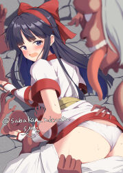 Rule 34 | 1boy, 1girl, absurdres, ainu clothes, all fours, arm grab, ass, bent over, blush, clothes pull, fingerless gloves, gloves, hair ribbon, highres, long hair, looking at viewer, looking back, molestation, monster, multiple hands, nakoruru, open mouth, panties, pants, pants pull, purple eyes, purple hair, ribbon, samurai spirits, snk, sweat, tongue, tongue out, underwear, white panties, youkai kusaregedo