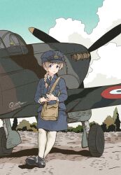 Rule 34 | 1girl, bag, blue eyes, braid, braided ponytail, brown hair, cloud, cloudy sky, crown, dated, hat, highres, holding item, insignia, leggings, lynette bishop, military, military aircraft, military hat, military uniform, qian, royal air force, shoes, skirt, sky, strike witches, supermarine spitfire, uniform, world war ii, world witches series