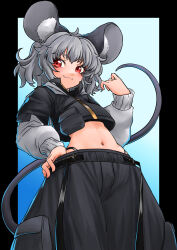 Rule 34 | 1girl, :3, adapted costume, ahoge, animal ears, black border, black skirt, border, closed mouth, commentary, commission, english commentary, grey hair, highres, long sleeves, looking at viewer, mouse ears, mouse girl, mouse tail, navel, nazrin, red eyes, short hair, skirt, solo, superfann3, tail, touhou