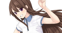 Rule 34 | 1girl, brown hair, buttons, collared shirt, couzone, eyebrows, grin, hair between eyes, highres, long hair, looking at viewer, original, purple eyes, shirt, simple background, smile, solo, teeth, white background