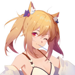 Rule 34 | 1girl, ;), ahoge, animal ear fluff, animal ears, arknights, bare shoulders, blonde hair, blush, bow, breasts, cleavage, closed mouth, dress, eyebrows hidden by hair, food, food in mouth, hair between eyes, hair bobbles, hair bow, hair ornament, head tilt, highres, hua ye, jacket, looking at viewer, medium breasts, mouth hold, off shoulder, official alternate costume, one eye closed, pocky, purple bow, red eyes, sidelocks, simple background, sleeveless, sleeveless dress, smile, solo, sora (arknights), sora (summer flowers) (arknights), twintails, white background, white dress, white jacket