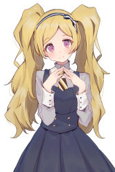 Rule 34 | 1girl, blonde hair, blue skirt, closed mouth, emily stewart, hairband, head tilt, highres, idolmaster, idolmaster million live!, long hair, long sleeves, looking at viewer, necktie, overall skirt, own hands together, parted bangs, parted lips, pink eyes, pleated skirt, shirt, shone, simple background, skirt, smile, solo, steepled fingers, twintails, very long hair, white background, white shirt