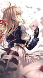 Rule 34 | 1girl, absurdres, blonde hair, blush, commentary request, envelope, from side, hair ornament, hair ribbon, highres, long hair, long sleeves, mechanical hands, parted lips, red ribbon, revision, ribbon, single mechanical hand, solo, torriet, violet evergarden, violet evergarden (series), white background