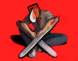 Rule 34 | 1girl, blood, blood on clothes, bloody weapon, chainsaw man, collared shirt, denji (chainsaw man), frog, h3b838, highres, hybrid, necktie, red background, sharp teeth, shirt, simple background, sitting, sleeves rolled up, solo, teeth, tongue, tongue out, weapon, white shirt