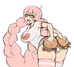 Rule 34 | 1girl, ahoge, ass, bent over, big hair, blush stickers, braid, breasts, burger, character request, clothes writing, double bun, female focus, food, food on body, glasses, hair bun, highres, junkpuyo, large breasts, long hair, meme, original, panties, pink eyes, pink hair, plump, presenting, pun, semi-rimless eyewear, shirt, skindentation, solo, striped clothes, striped panties, striped thighhighs, t-shirt, thick thighs, thighhighs, thighs, twin braids, under-rim eyewear, underwear, very long hair