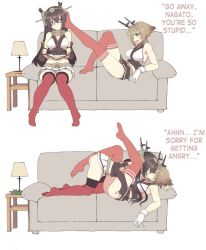 Rule 34 | 10s, 2girls, artist request, black hair, book, brown hair, couch, glasses, gloves, headgear, kantai collection, kiss, lamp, multiple girls, mutsu (kancolle), nagato (kancolle), simple background, thighhighs, yuri