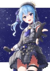 Rule 34 | 1girl, beret, black gloves, blue bow, blue choker, blue hair, blue theme, blush, bow, breasts, choker, dress, ene mizunoawa, fingerless gloves, frills, gloves, grey hat, hair between eyes, hair ornament, hat, highres, hololive, hoshimachi suisei, hoshimachi suisei (1st costume), long hair, looking at viewer, open mouth, purple eyes, side ponytail, skirt, sky, small breasts, solo, star (sky), star (symbol), starry sky, teeth, thigh strap, upper teeth only, virtual youtuber