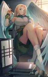 Rule 34 | 1girl, angel wings, aquaplus, blonde hair, blue hair, book, boots, breast press, breasts, breasts squeezed together, chair, closed mouth, eyes visible through hair, feathered wings, hand on own cheek, hand on own face, highres, holding, holding paintbrush, indoors, large breasts, large wings, leotard, long hair, looking to the side, official art, paintbrush, ponytail, ryu ku46, sitting, skirt, sunlight, thighs, ulthury, utawarerumono, utawarerumono: lost flag, white leotard, white wings, window, wings