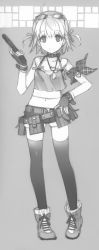 Rule 34 | 1girl, absurdres, belt, boots, camisole, choker, dog tags, eyewear on head, fingerless gloves, gloves, greyscale, gun, h2so4, hair ribbon, handgun, highres, holding, holding gun, holding weapon, looking at viewer, midriff, monochrome, navel, original, pistol, plaid, ribbon, short hair, short shorts, shorts, smile, solo, sunglasses, tank top, thighhighs, trigger discipline, two side up, weapon