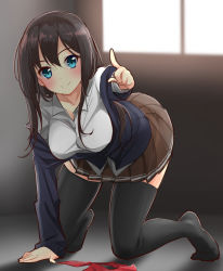Rule 34 | 1girl, all fours, black thighhighs, blazer, blue eyes, blush, breasts, brown hair, brown skirt, closed mouth, clothes pull, collarbone, foreshortening, hair between eyes, index finger raised, indoors, jacket, jacket pull, large breasts, long hair, looking at viewer, max melon, neckerchief, no shoes, original, pleated skirt, pointing, pointing at viewer, red neckerchief, school uniform, shadow, skirt, smile, solo, thighhighs, unworn neckerchief, window, zettai ryouiki