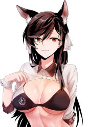 Rule 34 | 1girl, animal ears, arm behind back, atago (azur lane), atago (stunning speedster) (azur lane), azur lane, bad id, bad pixiv id, bikini, black bikini, black hair, blouse, bow, bra, breasts, breasts apart, brown eyes, cleavage, closed mouth, clothes writing, collared shirt, commentary, extra ears, hair between eyes, highres, large breasts, logo, mole, mole under eye, race queen, ribbon, shiny skin, shirt, shrug (clothing), shrugging, simple background, smile, solo, standing, suprii, swept bangs, swimsuit, underwear, upper body, white background, white bow, white ribbon, white shirt, wrist cuffs
