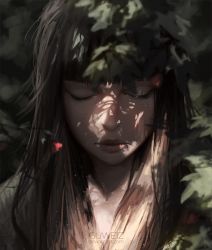 Rule 34 | 1girl, blunt bangs, blurry, blurry foreground, brown hair, closed eyes, closed mouth, depth of field, deviantart username, facing viewer, flower, forest, guweiz, hair over shoulder, leaf, light, lips, long hair, nature, original, painting (action), portrait, shade, solo, tree, tree shade, under tree