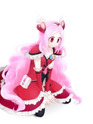 Rule 34 | 00s, 1girl, blush, bow, choker, cure passion, fresh precure!, hair ornament, heart, heart hair ornament, higashi setsuna, long hair, magical girl, nyakelap, pink hair, precure, red eyes, simple background, sitting, solo, very long hair, waist bow, wariza, white background, white choker