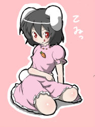 Rule 34 | 1girl, :p, animal ears, bad id, bad pixiv id, black hair, female focus, hair between eyes, inaba tewi, outline, pink background, pura, rabbit ears, rabbit girl, rabbit tail, short hair, simple background, sitting, solo, tail, tongue, tongue out, touhou, white outline