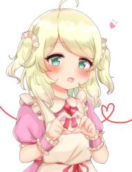 Rule 34 | ahoge, alternate costume, apron, blonde hair, blush, bow, bowtie, collared dress, commentary request, dot nose, dress, enmaided, frilled apron, frilled dress, frills, green eyes, hands up, heart, heart hands, highres, idolmaster, idolmaster cinderella girls, looking at viewer, maid, maid apron, medium hair, open mouth, pink dress, puffy short sleeves, puffy sleeves, red bow, red bowtie, ruperu, short sleeves, smile, solo, twintails, wavy hair, white apron, white background, wrist cuffs, yusa kozue