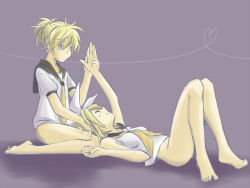 Rule 34 | 1boy, 1girl, bad id, bad pixiv id, barefoot, bottomless, brother and sister, feet, hetero, hk, holding hands, kagamine len, kagamine rin, lap pillow, no panties, siblings, twins, vocaloid
