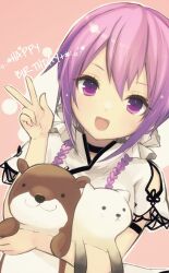Rule 34 | 1girl, :d, arm strap, assault lily, black choker, braid, choker, clothing cutout, commentary, dutch angle, fang, flower knot, hair between eyes, hair ornament, hair scrunchie, hands up, happy birthday, highres, holding, holding stuffed toy, hotaru (ultraroly poly), light blush, looking at viewer, low twintails, open mouth, pink background, purple eyes, purple hair, scrunchie, shirt, short sleeves, shoulder cutout, smile, solo, stuffed animal, stuffed otter, stuffed toy, twin braids, twintails, two-tone background, upper body, w, wang lifen, white background, white scrunchie, white shirt