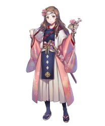 Rule 34 | 1girl, artist request, box, brown eyes, brown hair, closed mouth, fire emblem, fire emblem fates, fire emblem heroes, flower, full body, gift, gift box, hair flower, hair ornament, hakama, hakama skirt, hana (fire emblem), headband, highres, holding, japanese clothes, katana, kimono, long hair, long sleeves, looking at viewer, nintendo, non-web source, obi, official art, pantyhose, pelvic curtain, sandals, sash, sheath, sheathed, skirt, smile, solo, standing, sword, transparent background, weapon, wide sleeves, zouri