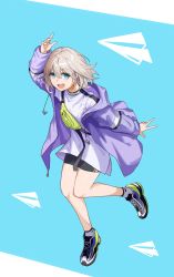 Rule 34 | 1girl, arm up, bike shorts, blue eyes, fanny pack, full body, grey hair, highres, idolmaster, idolmaster shiny colors, jacket, long sleeves, looking at viewer, open clothes, open jacket, open mouth, outstretched arm, paper airplane, purple jacket, serizawa asahi, shirt, shoes, short hair, smile, sneakers, socks, solo, soma (soma404), v, white shirt, white socks