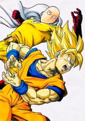 Rule 34 | 2boys, bald, blonde hair, blue eyes, cape, clenched hand, crossover, dougi, dragon ball, dragonball z, expressionless, gloves, highres, lee (dragon garou), male focus, marker (medium), multiple boys, muscular, one-punch man, open mouth, red glovessaitama (one-punch man), saitama (one-punch man), serious, son goku, super saiyan, super saiyan 1, traditional media, wristband