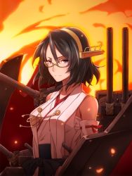 Rule 34 | 10s, 1girl, black eyes, black hair, detached sleeves, glasses, hairband, kantai collection, kirishima (kancolle), looking at viewer, machinery, nontraditional miko, short hair, solo, turret, yokke