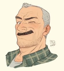 Rule 34 | 1boy, aaron gruber (o natsuo88), bara, beard stubble, facial hair, facial scar, gingham shirt, grey hair, grey shirt, highres, looking at viewer, male focus, mature male, mustache, o natsuo88, old, old man, one eye closed, original, portrait, receding hairline, scar, scar on cheek, scar on face, shirt, short hair, smile, solo, stubble, thick eyebrows, thick mustache, wrinkled skin, yellow background