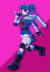 Rule 34 | 1girl, artist request, autobot, bandaged arm, bandages, baseball bat, blue hair, boots, choker, collar, dual wielding, elbow pads, eyepatch, fingerless gloves, gloves, holding, knee pads, long hair, overall shorts, overalls, personification, pink background, side ponytail, simple background, socks, solo, spiked anklet, spiked collar, spikes, tagme, transformers, twintails, two-tone background, weapon, whirl (transformers), yellow eyes