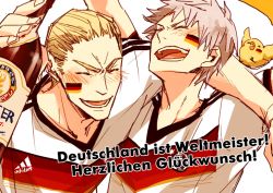 Rule 34 | 2014 fifa world cup, 2boys, adidas, alcohol, arm over shoulder, arms up, axis powers hetalia, beer, bird, blonde hair, chick, drunk, closed eyes, facepaint, german flag, german text, germany, germany (hetalia), multiple boys, open mouth, prussia (hetalia), short hair, silver hair, soccer, soccer uniform, sportswear, tktk k, translated, world cup