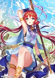 Rule 34 | 1girl, armpits, black bra, blue ribbon, bra, breasts, day, dress, floating hair, green eyes, hair between eyes, holding, holding polearm, holding weapon, long hair, looking at viewer, neck ribbon, open mouth, outdoors, polearm, purple ribbon, red hair, ribbon, short dress, sid story, sila (carpen), sleeveless, sleeveless dress, small breasts, solo, standing, standing on one leg, twintails, underwear, very long hair, weapon, white dress