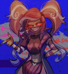 Rule 34 | 1girl, blue background, coat, colored sclera, colored skin, demon, demon girl, evil grin, evil smile, glitch, grin, hazbin hotel, highres, long hair, looking at viewer, multicolored hair, open clothes, open coat, smile, solo, twintails, two-tone hair, velvette (hazbin hotel), vent6885, very long hair