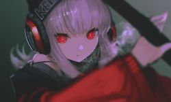 Rule 34 | 1girl, arknights, bare shoulders, beanie, black hat, blurry, breath, clothes writing, depth of field, flipped hair, frostleaf (arknights), grey background, hara shoutarou, hat, headphones, highres, holding, implied extra ears, jacket, long hair, long sleeves, looking at viewer, off shoulder, outstretched arm, parted lips, red eyes, red jacket, sidelocks, silver hair, solo, upper body
