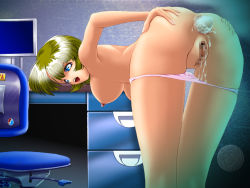 Rule 34 | 1girl, anal, anal object insertion, ass, ass juice, blonde hair, blue eyes, breasts, censored, desk, egg, large breasts, looking back, object insertion, onoe, panties, pussy juice, spread ass, underwear