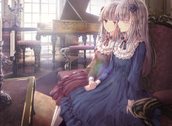 Rule 34 | 2girls, argyle, blue dress, blue flower, blue rose, blunt bangs, brown dress, closed eyes, commentary request, day, dress, flower, frills, grand piano, greyscale, hair flower, hair ornament, highres, holding hands, indoors, instrument, lolita fashion, long hair, long sleeves, missile228, monochrome, multiple girls, original, pantyhose, parted lips, piano, piano bench, purple eyes, red flower, red rose, rose, sitting, sunlight, very long hair, window