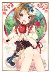 Rule 34 | 10s, 1girl, :d, apple, bare legs, bare shoulders, blouse, blush, border, bow, bracelet, brown hair, cherry, convenient leg, corset, crown, detached sleeves, flower, food, forest, frilled skirt, frilled sleeves, frills, fruit, gem, hair bow, hair ornament, hair ribbon, hairband, highres, holding, holding food, holding fruit, house, jewelry, knees together feet apart, koizumi hanayo, legs together, looking at viewer, love live!, love live! school idol festival, love live! school idol project, mini crown, nature, necklace, nonono (nononotea), nononon, open mouth, orange hair, outside border, pearl (gemstone), pearl bracelet, puffy short sleeves, puffy sleeves, purple eyes, ribbon, shirt, short hair, short sleeves, sitting, skirt, smile, solo, striped bow, striped clothes, striped skirt, tiara, tree, vertical-striped clothes, vertical-striped skirt, white shirt