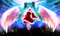Rule 34 | 1girl, arie9, bad id, bad pixiv id, bell, boots, choker, detached sleeves, dress, green eyes, hatsune miku, highres, knee boots, long hair, santa costume, solo, twintails, very long hair, vocaloid, wings