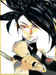 Rule 34 | 1girl, akali, arm tattoo, asymmetrical bangs, bare shoulders, black hair, border, breasts, closed mouth, crop top, dagger, eyelashes, high ponytail, highres, holding, holding dagger, holding knife, holding weapon, jian tai (cuoyu0), knife, kunai, league of legends, looking at viewer, medium breasts, ninja, orange border, ponytail, red eyes, sidelocks, signature, simple background, sleeveless, smile, solo, tattoo, upper body, weapon, white background